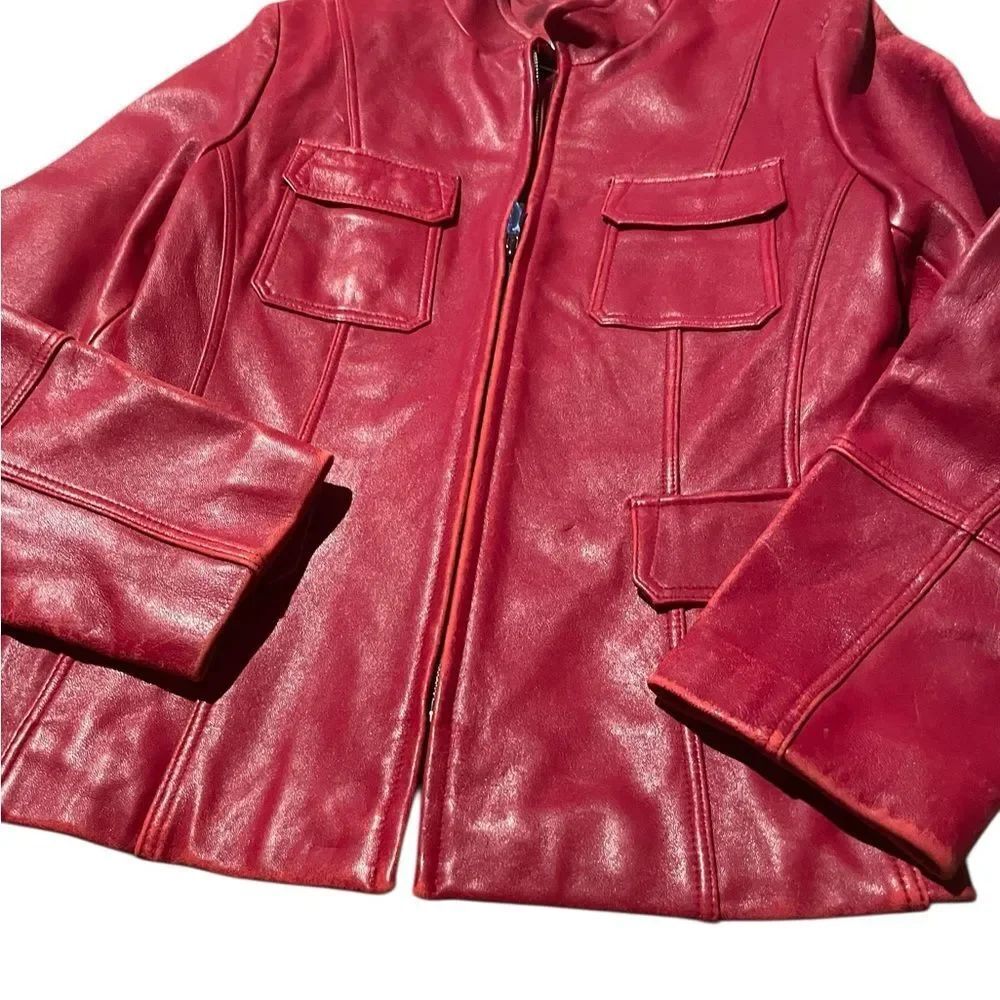 Liz Claiborne distressed Red Leather Zip-Front Jacket size medium